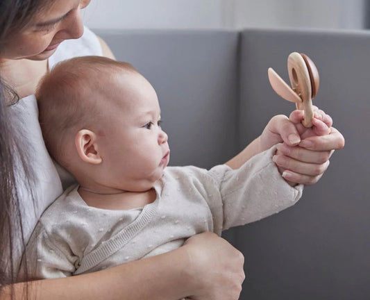 Baby and parent playing with Shake N Clap rattle