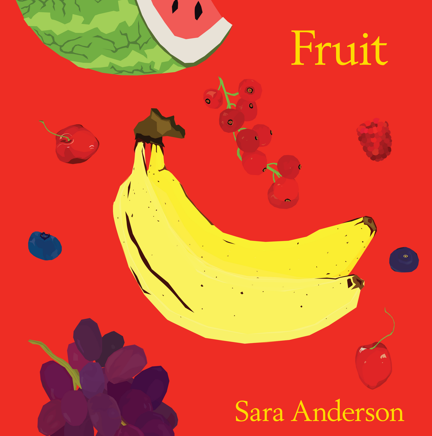 Sara Anderson Fruit Board book has a red back group with hand painted fruit on the cover with a yellow banana in the center