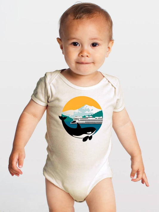  a baby wearing an organic short sleeve onesie with a mountain ferry print