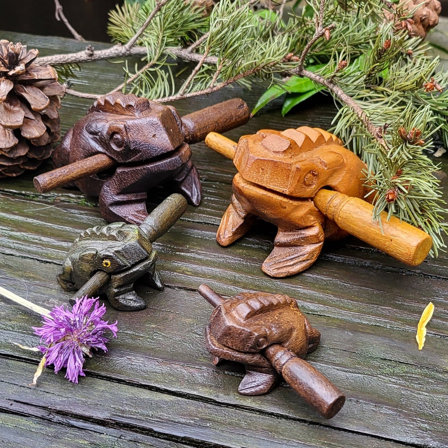 Small and Large Croaking Frog Toys with Wooden Stick