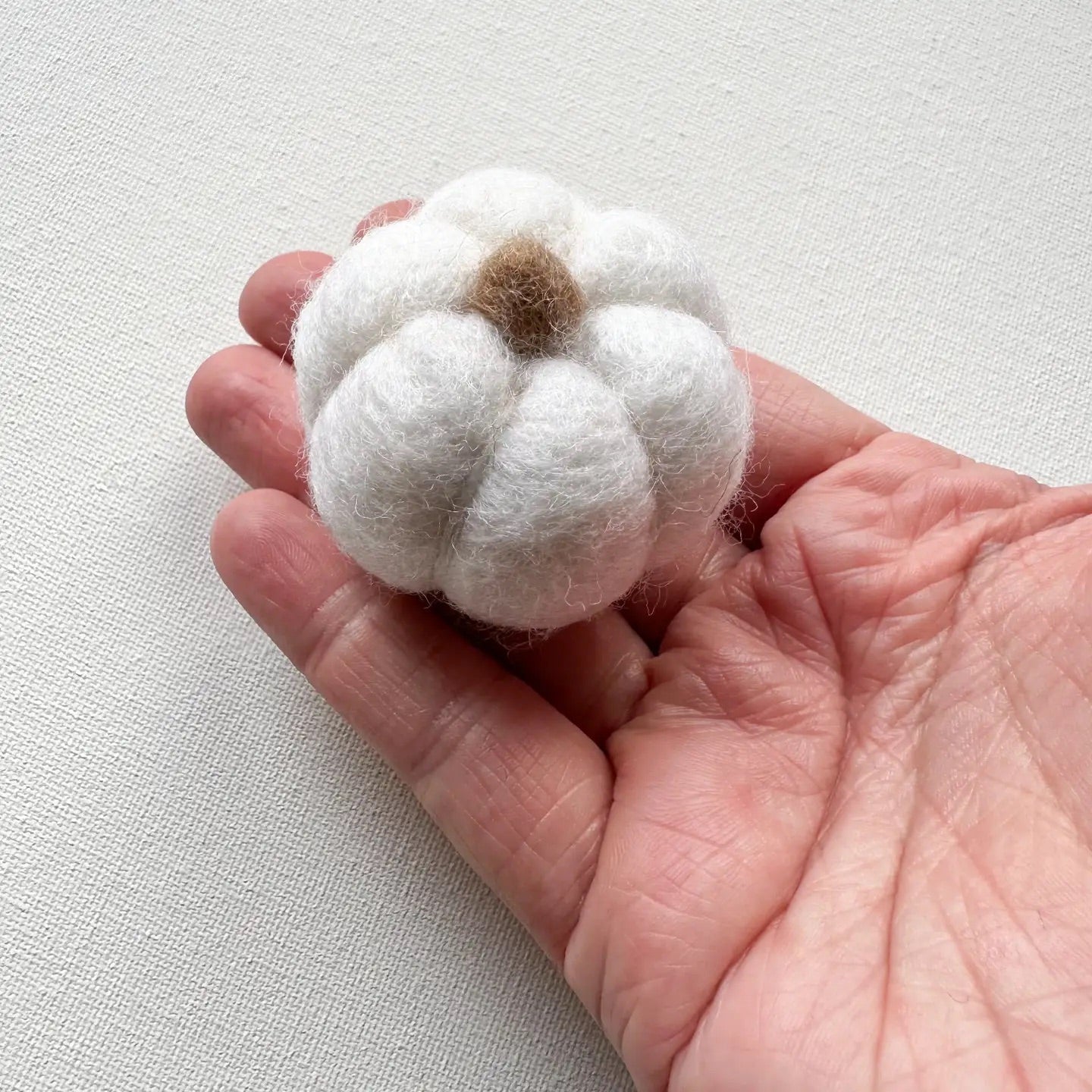 A hand holding a felt white pumpkin