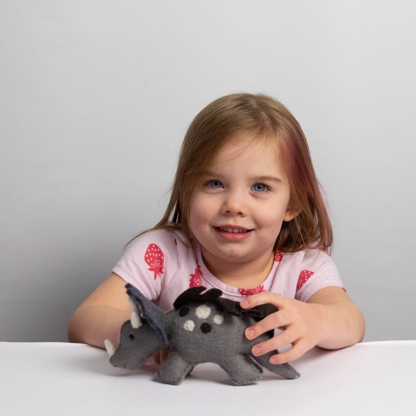 A child playing with a felt triceratops toy