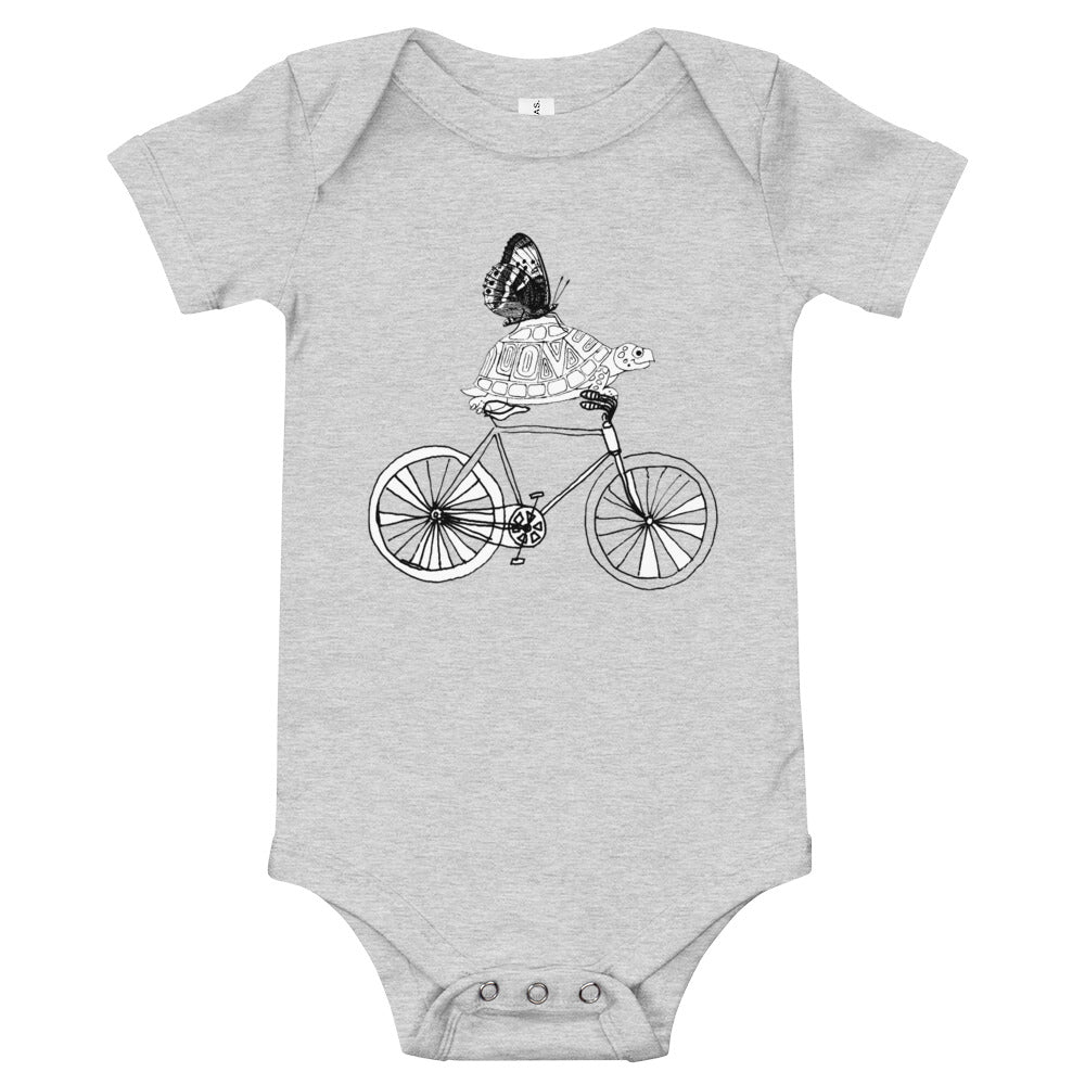 TwOOwls Love Turtle on a Bike with a Butterfly Short Sleeve Romper