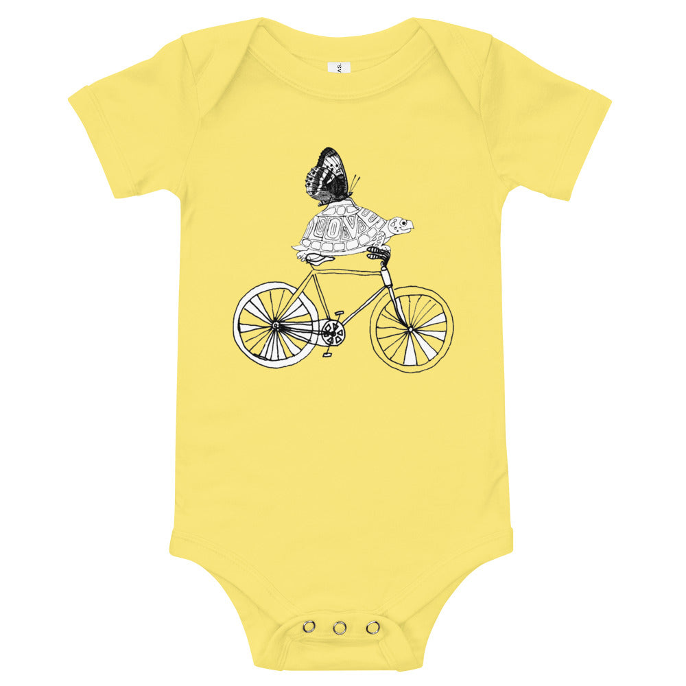 TwOOwls Love Turtle on a Bike with a Butterfly Short Sleeve Romper