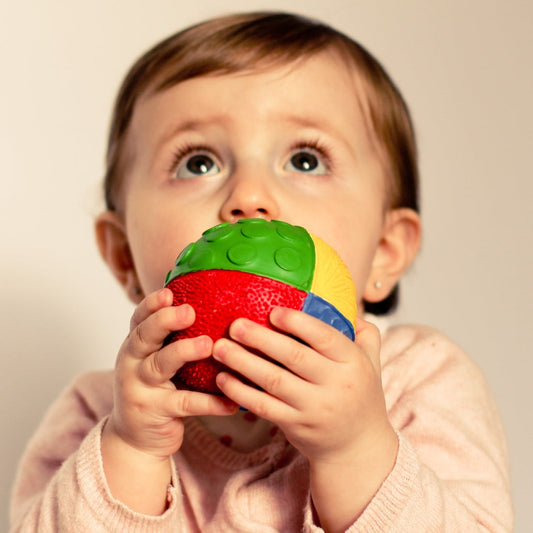 Baby playing with Color Wheel Natural Rubber Ball with Squeaker