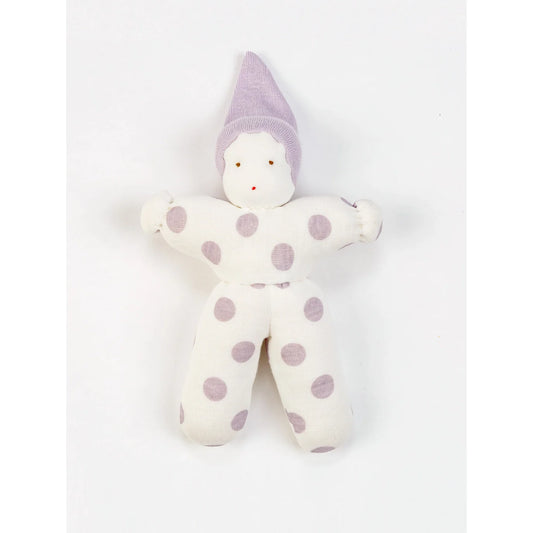 Waldorf a baby doll in natural cotton with purple dots